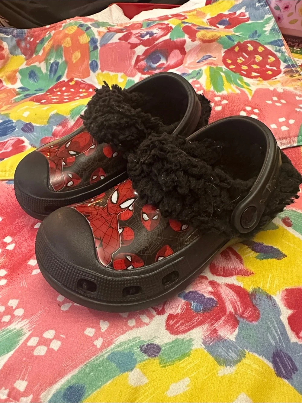 Marvel Spider-Man Black and Red Kids Slip-On Clogs with Faux Fur Collar
